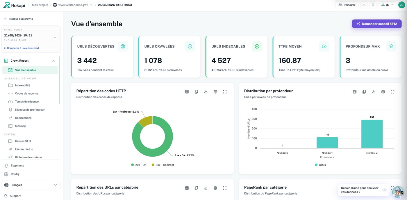 Rokapi - Vue d'ensemble d'un crawl SEO